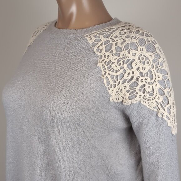 3/$20 Forever 21 Crochet Overlay Sweater Winter Pullover Slouchy Ribbed Grey - Picture 3 of 10